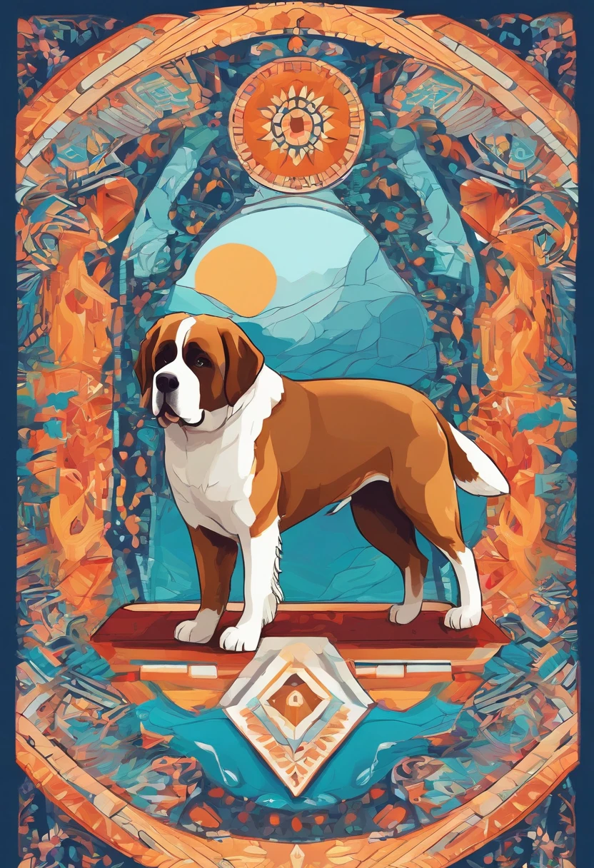 Painting in bright colors of a mandala with a simple and cute Saint Bernard dog motif
