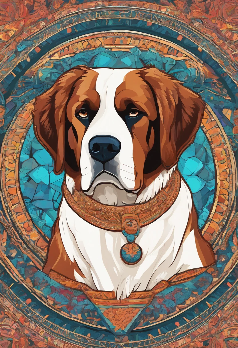 Painting in bright colors of a mandala with a simple and cute Saint Bernard dog motif
