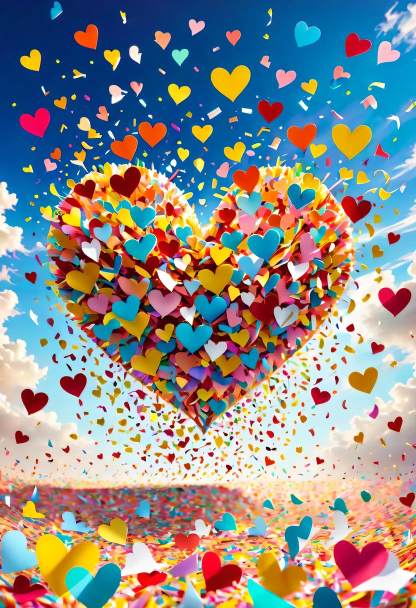 Colored confetti:1.5,Colored confetti flying in the sky,Floating confetti fills the sky,in scraps of paper,hyper detailed masterpiece, Dynamic, good quality,Floating Extra Large Ethereal Colorful Heart DonMW15pXL