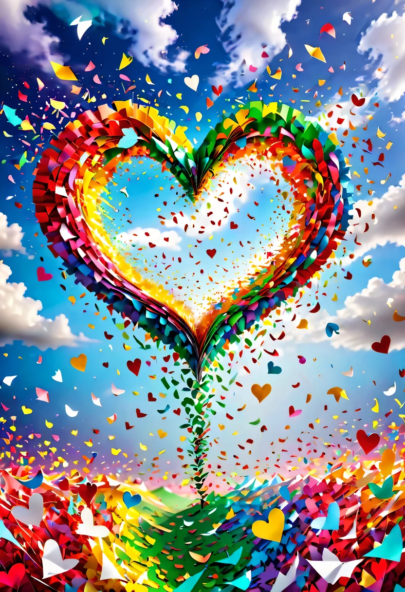 Colored confetti:1.5，Colored confetti flying in the sky，Floating confetti fills the sky，in scraps of paper，hyper detailed masterpiece, Dynamic, good quality,Floating Extra Large Ethereal Colorful Heart DonMW15pXL