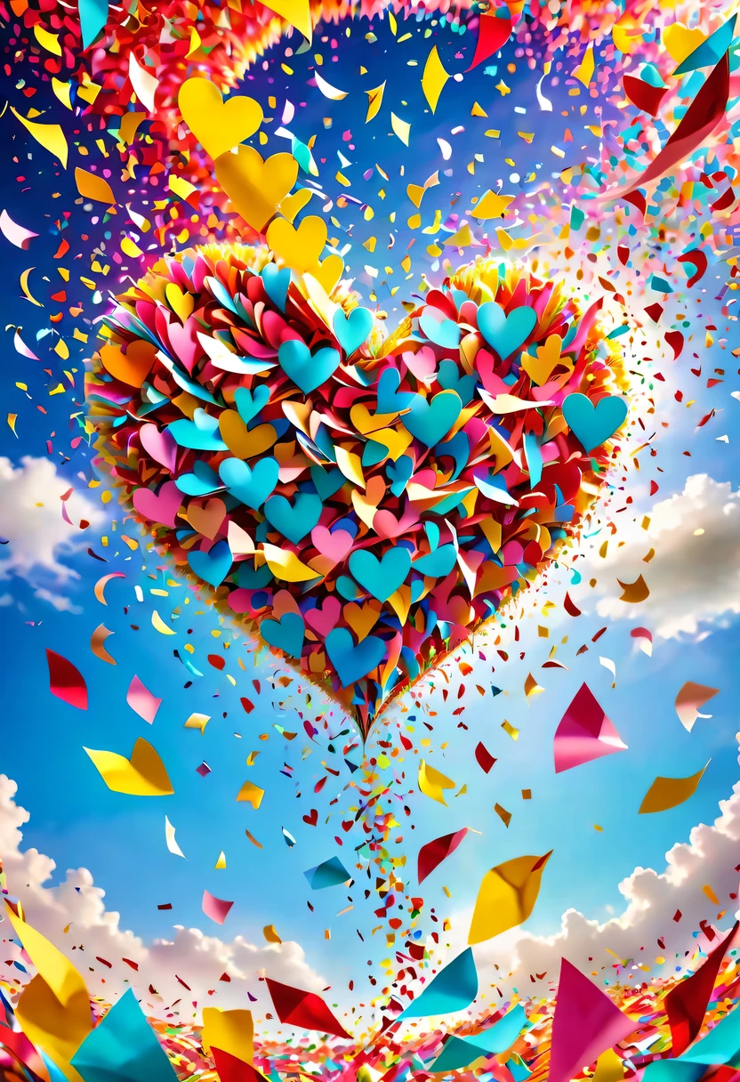 Colored confetti:1.5,Colored confetti flying in the sky,Floating confetti fills the sky,in scraps of paper,hyper detailed masterpiece, Dynamic, good quality,Floating Extra Large Ethereal Colorful Heart DonMW15pXL