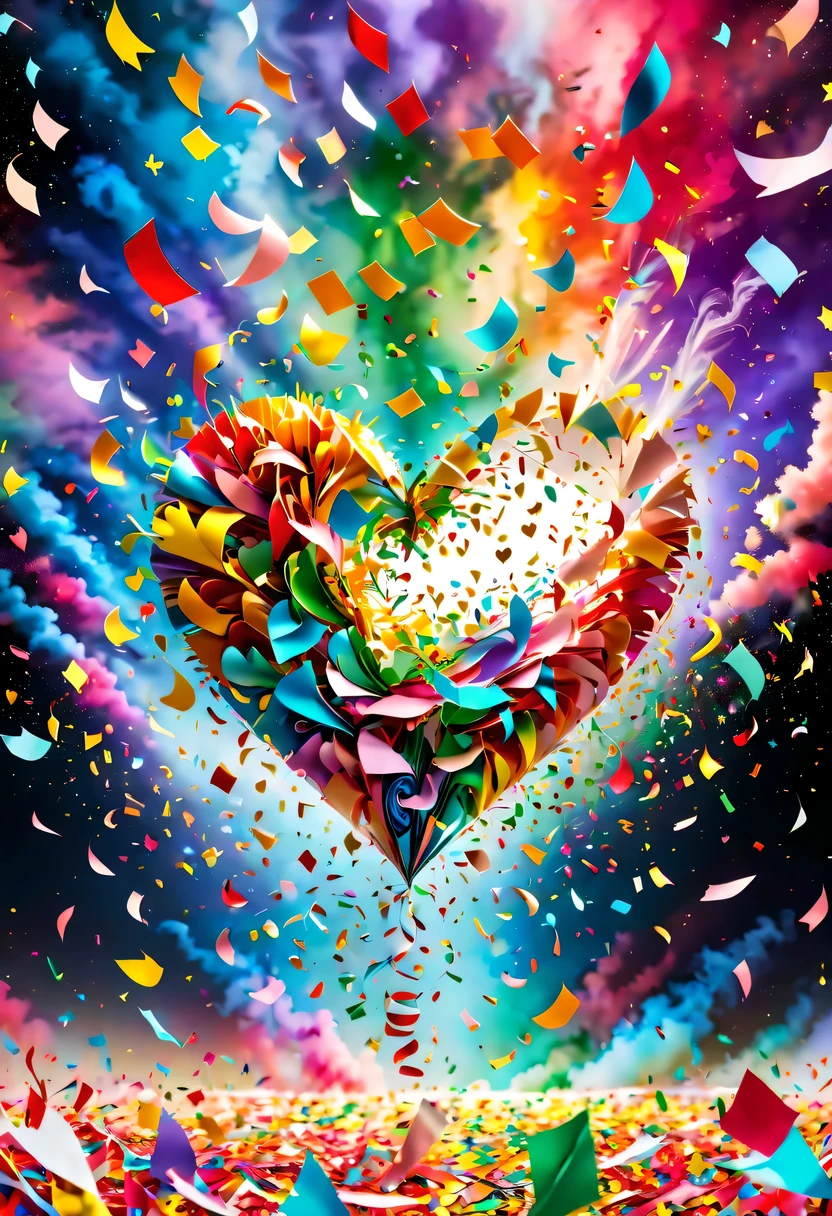 Colored confetti:1.5，Colored confetti flying in the sky，Floating confetti fills the sky，Confetti scattered on the stage，in scraps of paper，hyper detailed masterpiece, Dynamic, good quality,Floating Extra Large Ethereal Colorful Heart DonMW15pXL