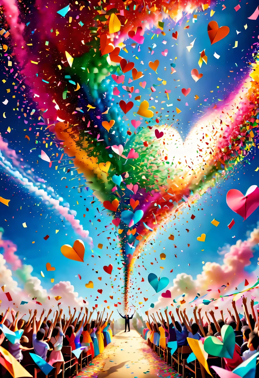 Colored confetti:1.5,Colored confetti flying in the sky,Floating confetti fills the sky,Confetti scattered on the stage,in scraps of paper,hyper detailed masterpiece, Dynamic, good quality,Floating Extra Large Ethereal Colorful Heart DonMW15pXL