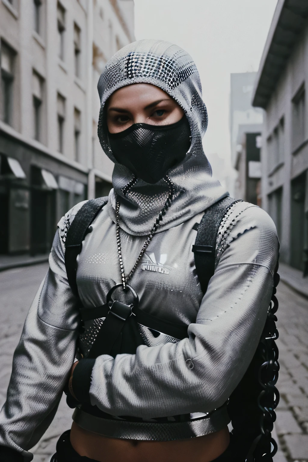 Metal chain mail balaclava from adidas. street hooligan. Graffiti. White blurry background. Soft light. Photorealism