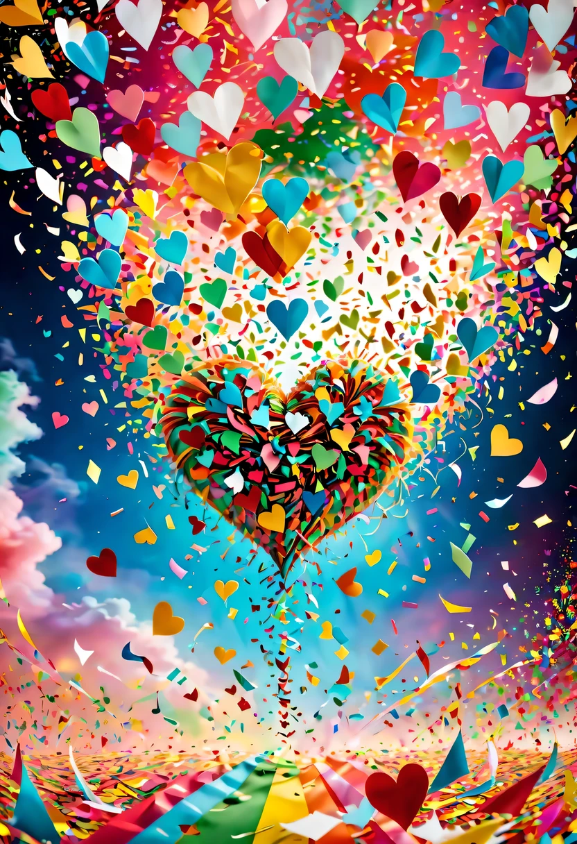 Colored confetti:1.5,Colored confetti flying in the sky,Floating confetti fills the sky,Confetti scattered on the stage,in scraps of paper,hyper detailed masterpiece, Dynamic, good quality,Floating Extra Large Ethereal Colorful Heart DonMW15pXL