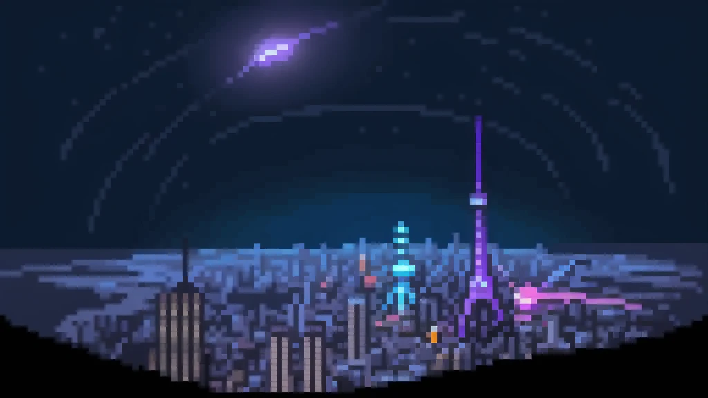 Pixel World, night、meteor、city、neon light