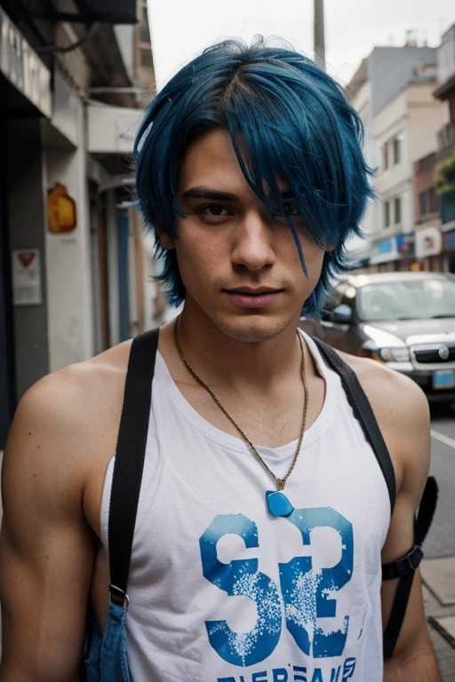 I want a picture of a 23 year old guy with blue hair smoking 