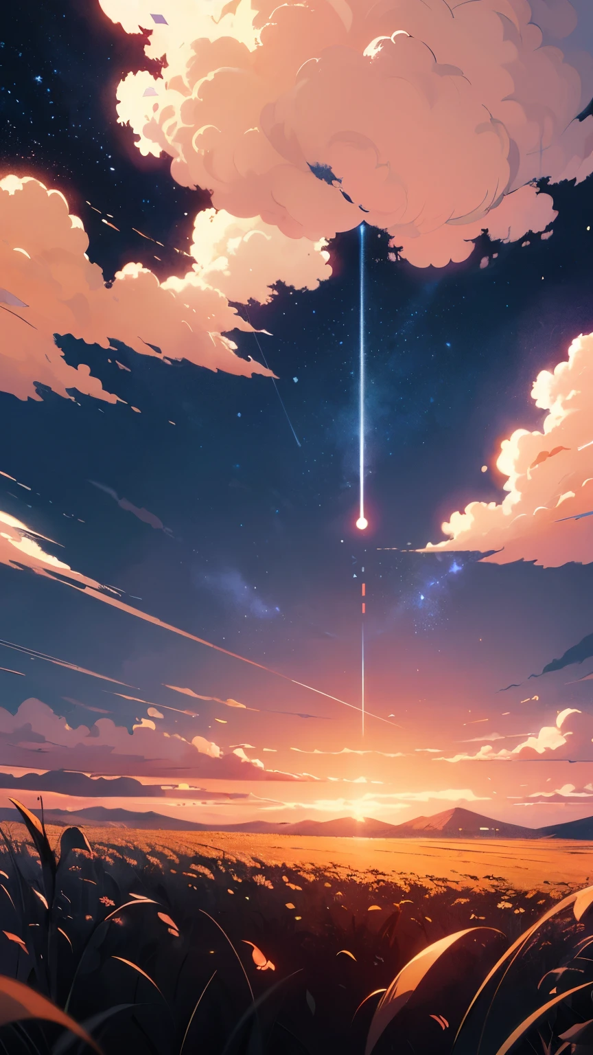 a painting of a field with a sunset in the background, anime sky, cosmic skies. by makoto shinkai, anime clouds, anime background, beautiful anime scene, anime background art, anime art wallpaper 4k, anime art wallpaper 4 k, beautiful anime artwork, amazing wallpaper, beautiful anime scenery, anime beautiful peace scene, ross tran. scenic background, anime wallpaper