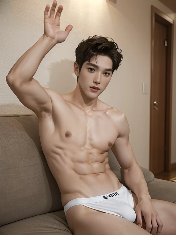 Korean male model in a briefs, handsome man, Full Body Shoot, korean hair style, look at camera, detailed facial parts, Manly, Charmer, Active Boy, standing in livingroom, open legs, Freestyle Pose, Happy Expression, perfect anatomy, symmetric body, asian boy 19 years old, shirtless :: high detail, asian, a little six packs attractive body, realistic, human skin, Short Hairstyle, handsome chad chin, shirtless, handsome, attractive, masculine, sexually attractive, human skin, (eyes contact), Handsome, Attractive, bulge in briefs