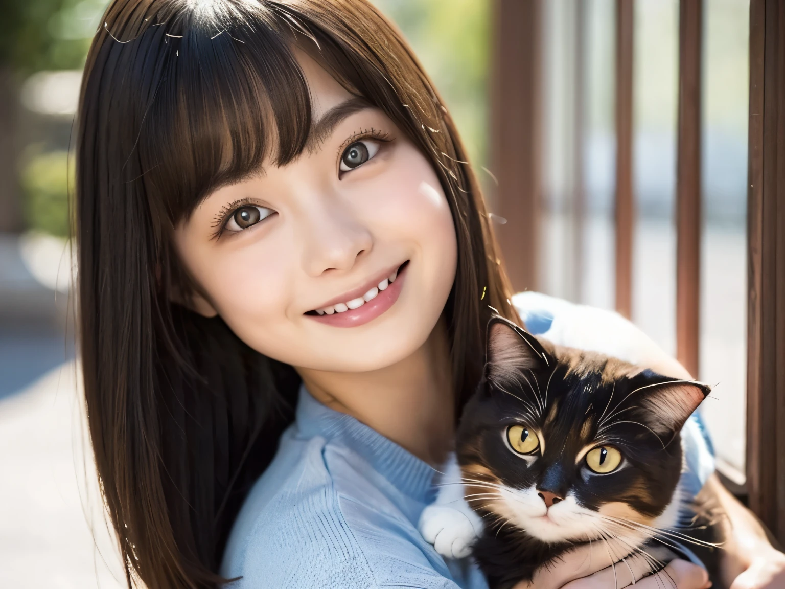 A face like Suzu Hirose、looking at the viewer、smiling、16 year old girl、chest bulge、bob hairstyle、Highest image quality、8k、There is a cat、