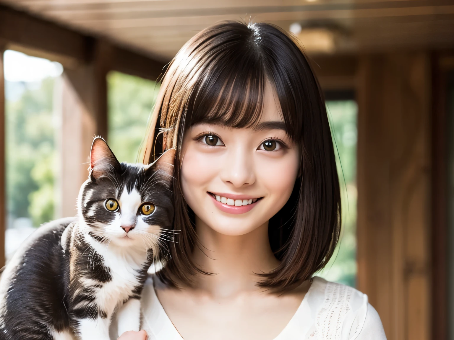 A face like Suzu Hirose、looking at the viewer、smiling、16 year old girl、chest bulge、bob hairstyle、Highest image quality、8k、There is a cat、