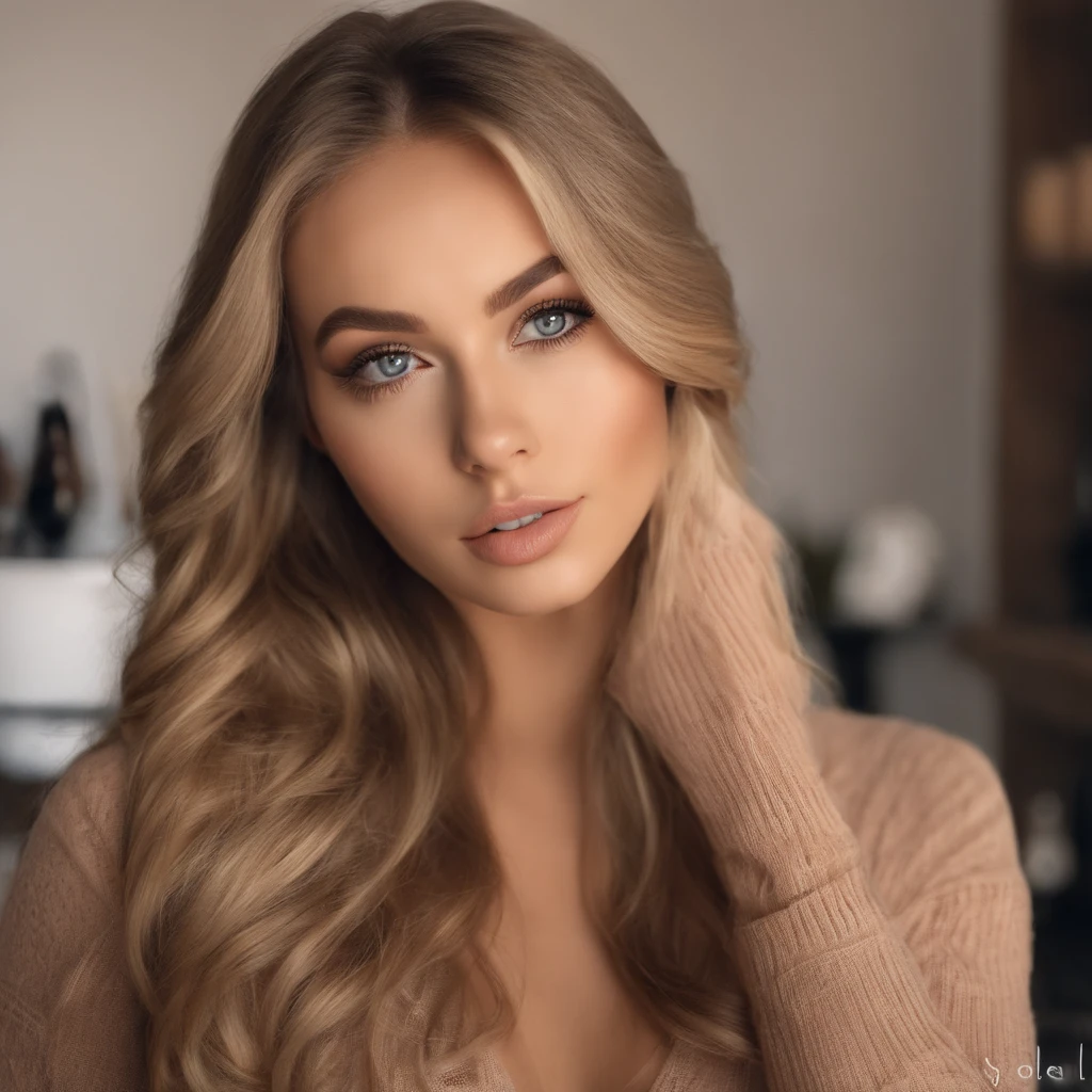 arafed frau voll , Sexy girl with brown eyes, Ultrarealistisch, Akribisch detailliert, Portrait of Sophie Mudd, blonde hair and big eyes, Selfie of a teenage girl, Schlafzimmer Augen, Olivia Dunne, ohne Makeup, natural makeup, Gesicht mit Artgram, dezentes Make-up, breathtaking full body shot, In the kitchen with a coffee, small bust;