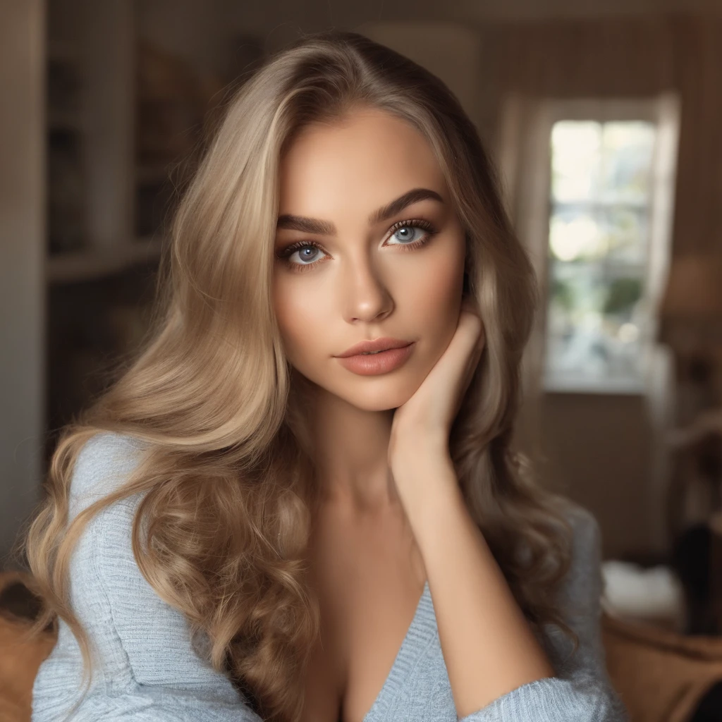arafed frau voll , Sexy girl with brown eyes, Ultrarealistisch, Akribisch detailliert, Portrait of Sophie Mudd, blonde hair and big eyes, Selfie of a teenage girl, Schlafzimmer Augen, Olivia Dunne, ohne Makeup, natural makeup, Gesicht mit Artgram, dezentes Make-up, breathtaking full body shot, In the kitchen with a coffee, small bust;