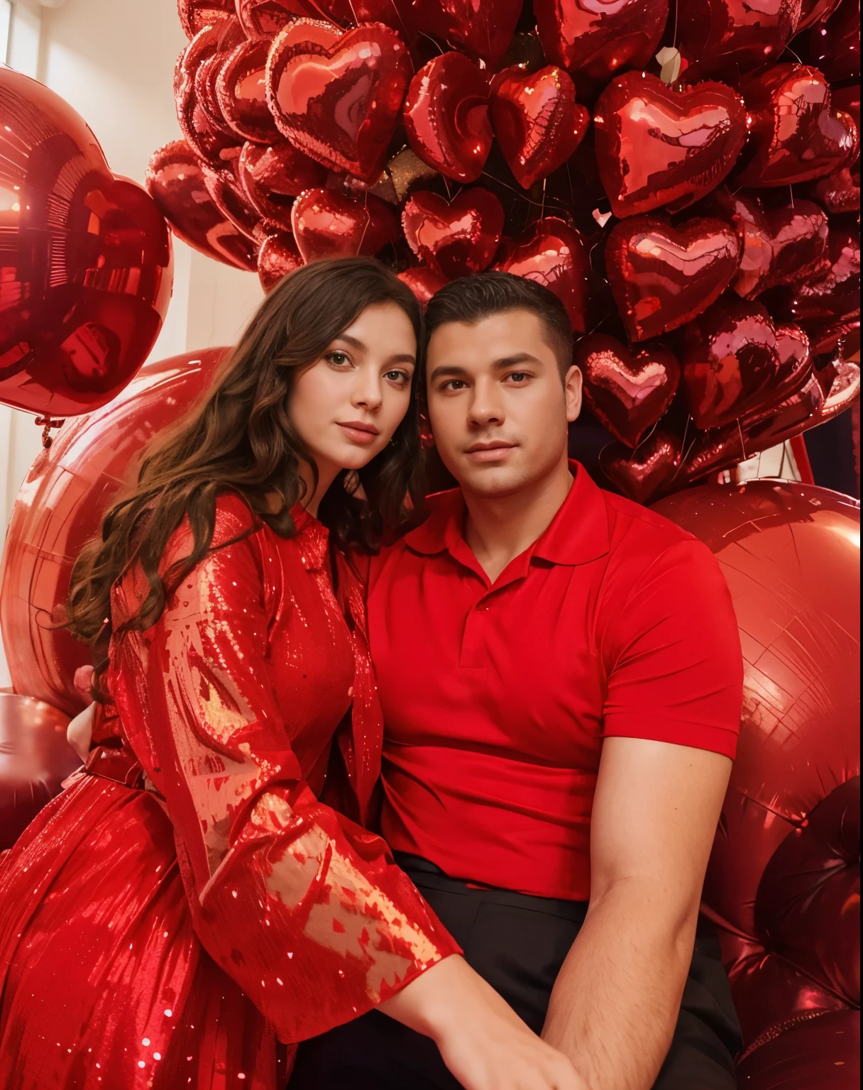 Man in red dress shirt, girl in a red shiny dress with sequins, Girl with curls, in the background there is a room with balls of hearts, natural light,