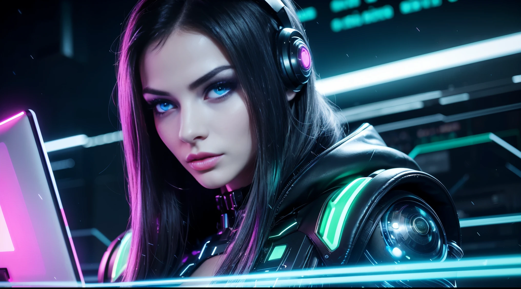 (best quality,4k,highres,masterpiece:1.2),ultra hot,gorgeous European woman:1.1,age 23,hacker in front of his futuristic computer:1.1,photorealistic,UHD,realistic lighting,sharp focus,vivid colors,physically-based rendering,extremely detailed face and outfit,long brown wavy hair,beautiful detailed blue eyes,thin eyebrows and long eyelashes,perfectly contoured nose,full rosy lips,flawless complexion,confident expression,trendy cyberpunk attire with neon accents,cybernetic implants,glowing holographic codes floating around her,sleek and modern computer setup with holographic displays,vibrant and futuristic background,matrix-like green color tones.