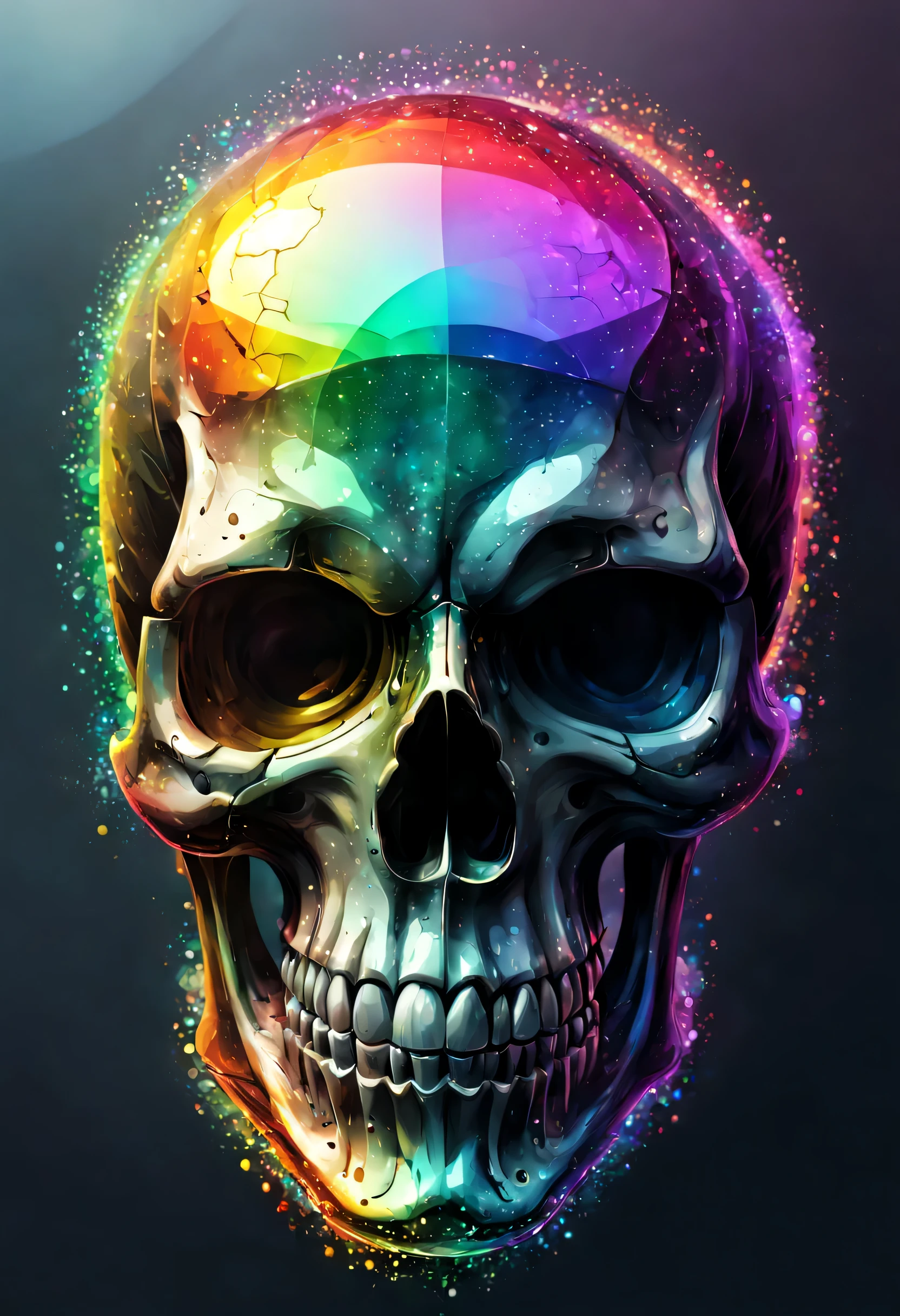 In a modern and stylized style, a textured and transparent skull. Reflets d&#39;rainbow and multi-colored light