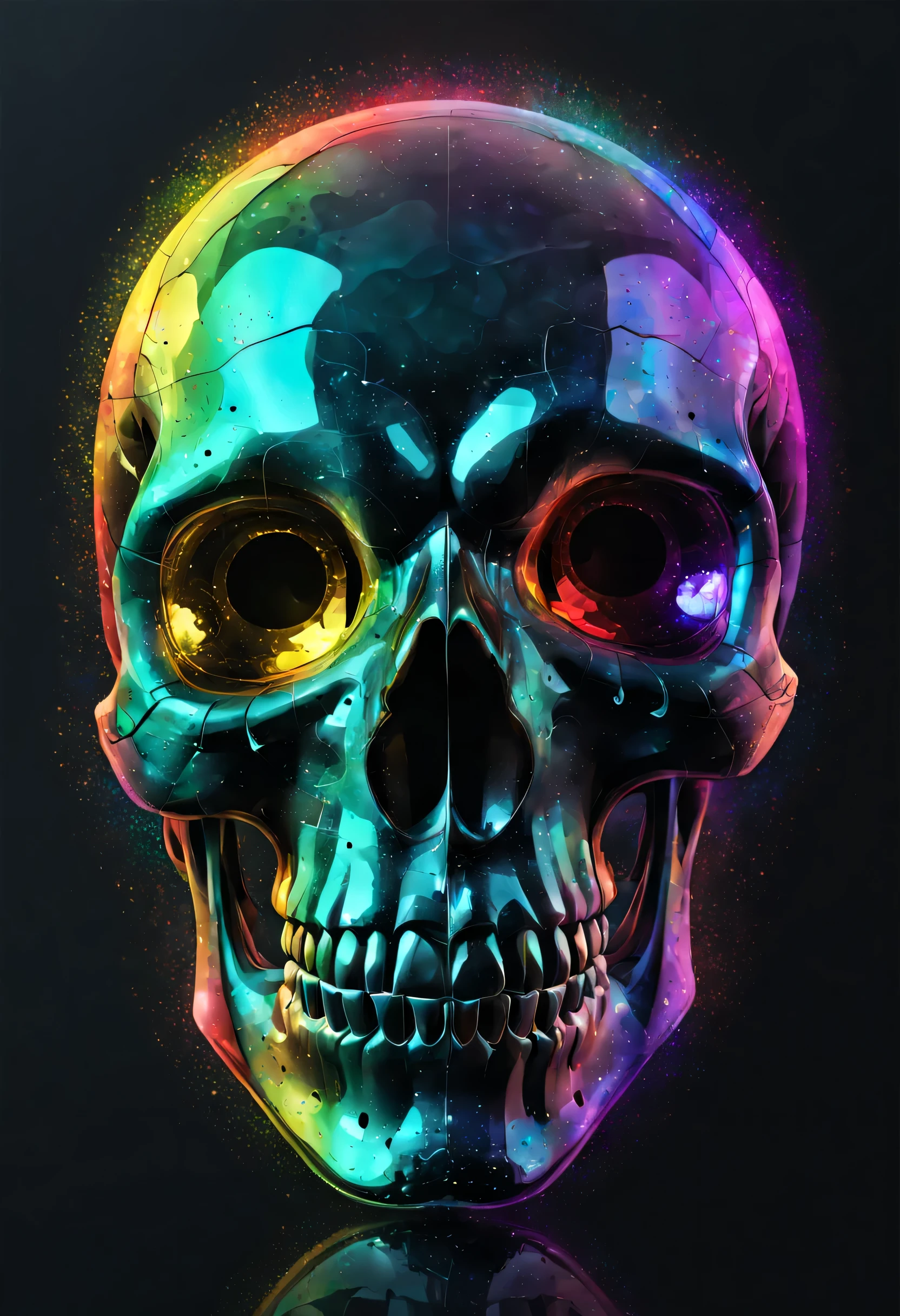 In a modern and stylized style, a textured and transparent skull. Reflets d'rainbow and multi-colored light