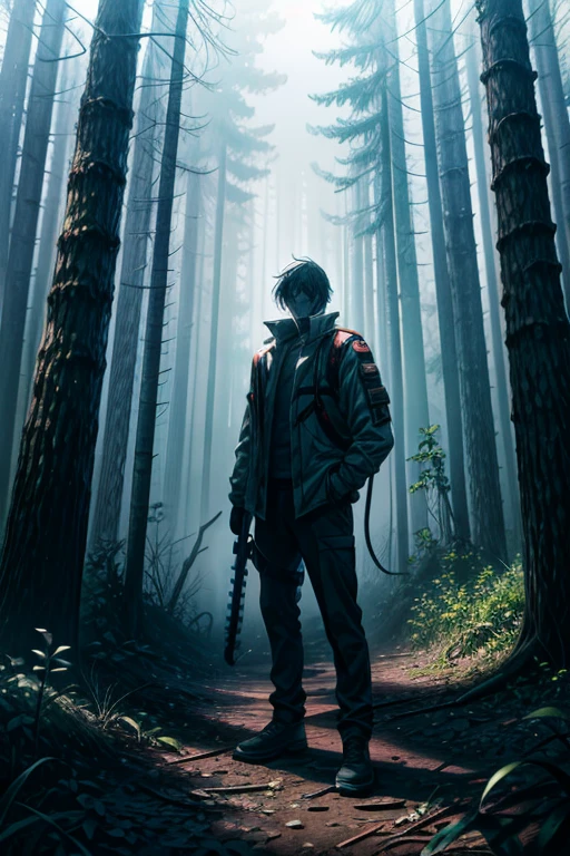 A creepy man with a chainsaw is standing at the edge of a creepy forest