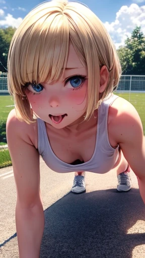 Very detailed image 8k European junior high school girl Beautiful girl Blonde Short hair Small breasts Beautiful legs Blushing Outside Athletics Crawl on all fours Composition viewed from directly above Mouth wide open and tongue sticking out White skin Regretful expression Looking at camera Full body covered in sweat White tank Top