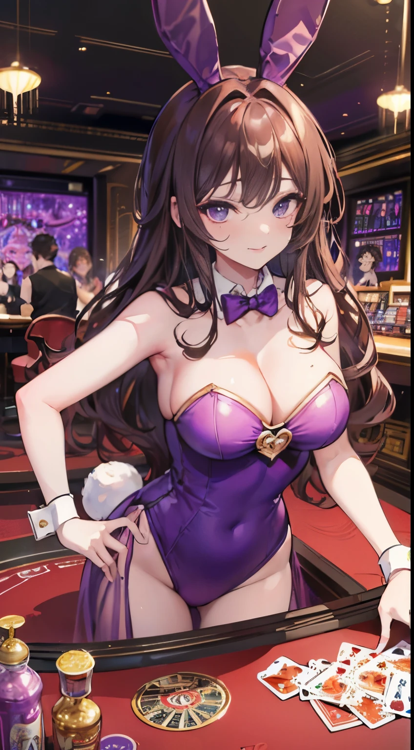 Brown hair girl,curly wavy hair,purple eyes,big breast,((bunny suit)),casino,illustration,highest quality,ultra-detailed,vivid colors,studio lighting,sharp focus (best quality,4k,8k,highres,masterpiece:1.2),extremely detailed eyes and face,longeyelashes,anime,luxury,night scene,beautiful detailed lips,glowing lights,sexy vibe,lively atmosphere,game tables,fancy decorations,golden chandeliers,expensive gambling chips,winning smiles,cocktail glasses,cigarette smoke,confident poses,high-class,rich aesthetic,card games,roulette wheel,playing cards,slot machines,poker chips,money stacks,excitement,thrilling suspense,luck,entertainment.