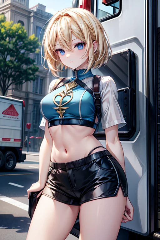 A blonde haired woman with blue eyes with an hourglass figure is wearing a crop top and short shorts by a truck