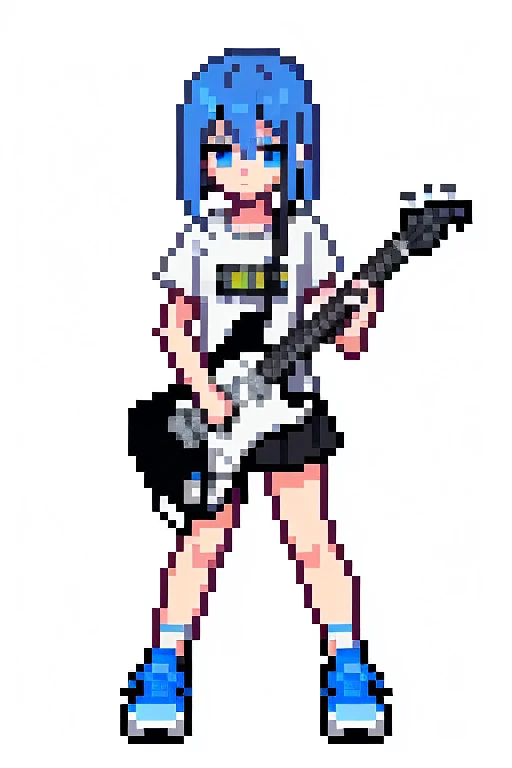 1 girl, blue hair,whole body, Pixel World, No background、holding a black electric guitar、wear sneakers