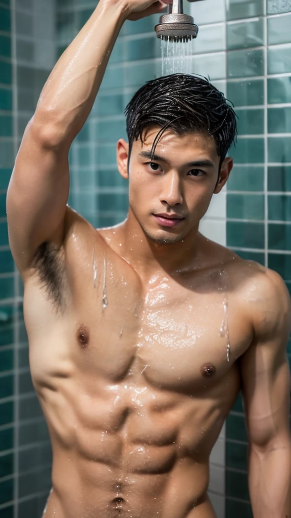 a close up of a Taiwanese man in a shower, asian male, under a shower, wet hairy bodies, water dripping off him, twink, damien tran, prefect body, beautiful handsome body, full body shot close up, sexy masculine, clean shaved, hairy body, smooth waxy skin, wet body, full body close-up shot