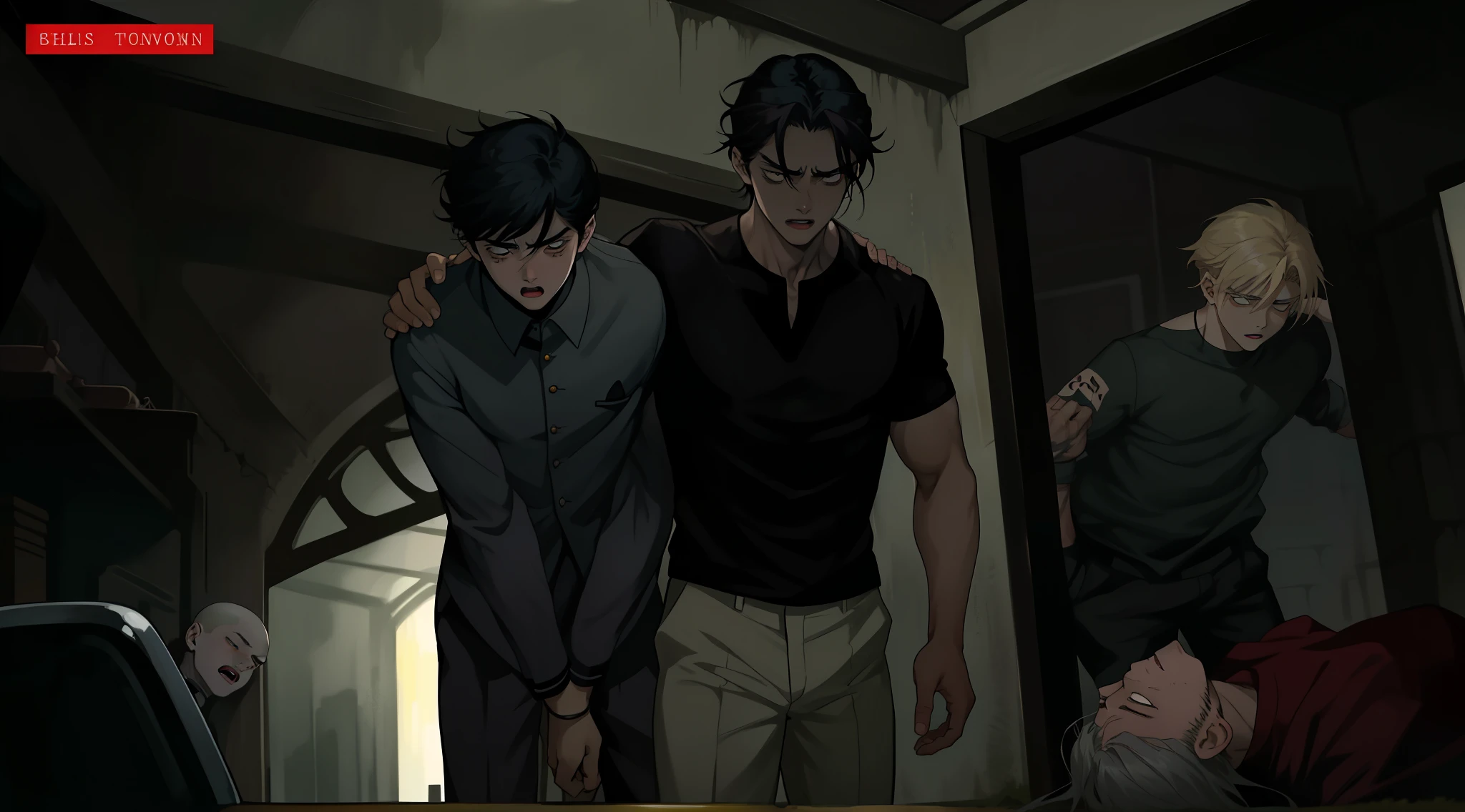 There are two handsome boys scared because they see a corpse. They are , straight hair.