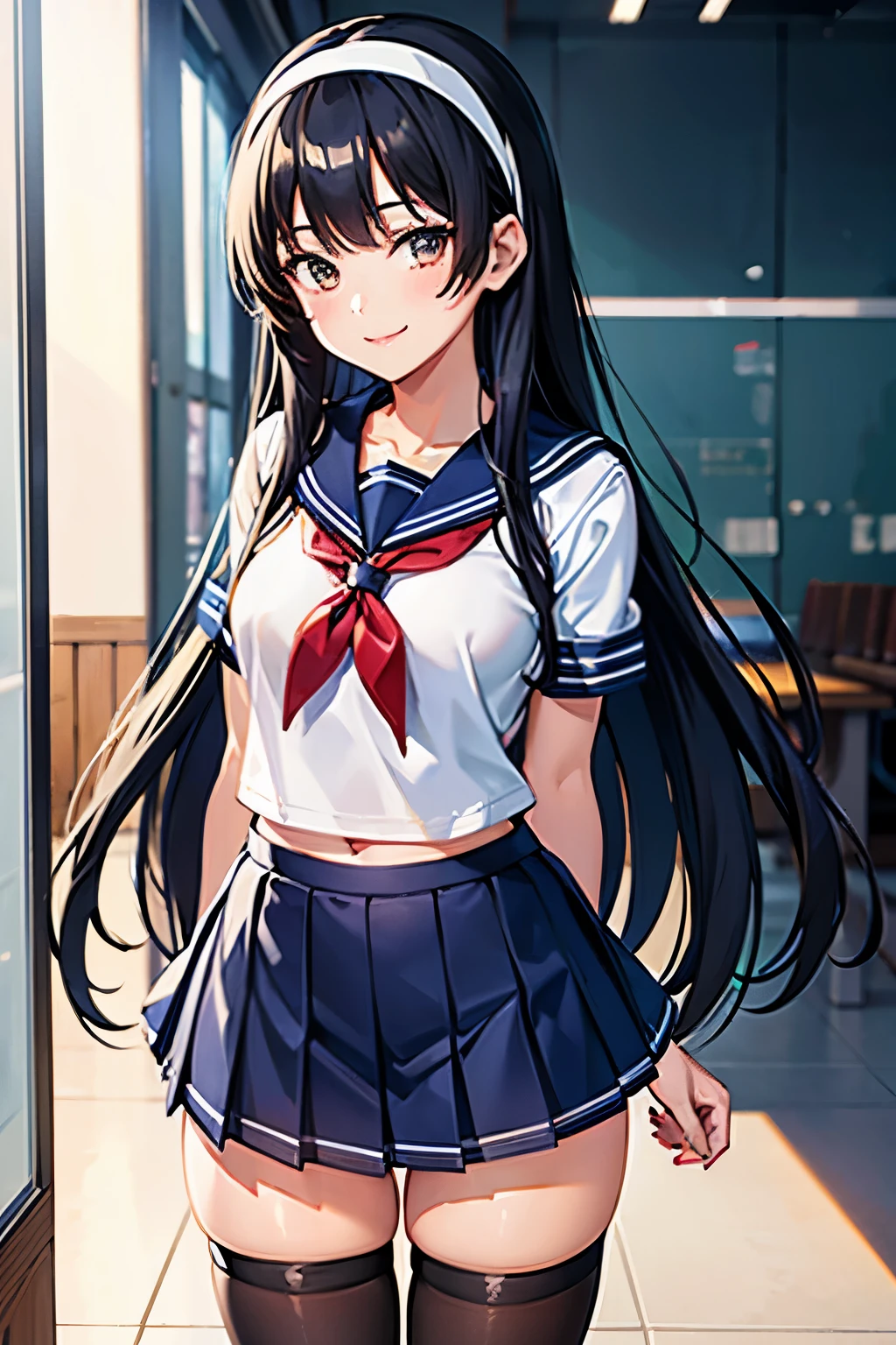 High school girl in sailor suit, anime 2d rendering, white headband, smile, black hair, straight hair, navy blue sailor uniform, black stockings,