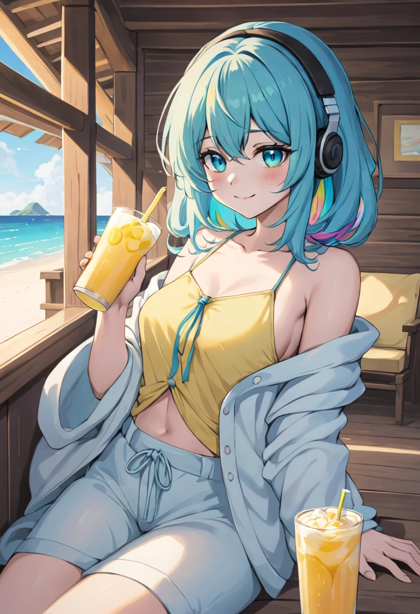 A young woman with tied-up colored Blue cyan aqua hair and eyes resembling a rainbow, listening to calm music on headphones, with a sexy smile, holding a cold drink, dressed in tropical light clothing, in a chalet at a beach. An image that inspires calmness, tranquility, lightness, simplicity, and comfort.
