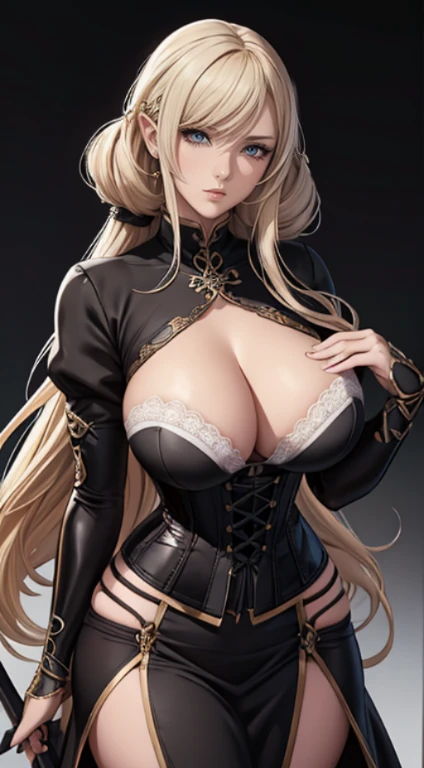 character reference sheet, character design, blade and soul character, 4k,1 woman, high quailty,highdetail,Role drawings,costume influenced by granado espada and blade and soul games, Information drawings,Entire body,British style,very detailed anime like eyes, very detailed eyes, elven spearwomen's clothing, no bounding boxes, no logos, no text, plain black background, More mature women,blonde-white curls to the waist,Hairpins,tight corset,Lace trim,gauntlets, cleavage, cleavage,Asymmetrical stockings,offical game artwork