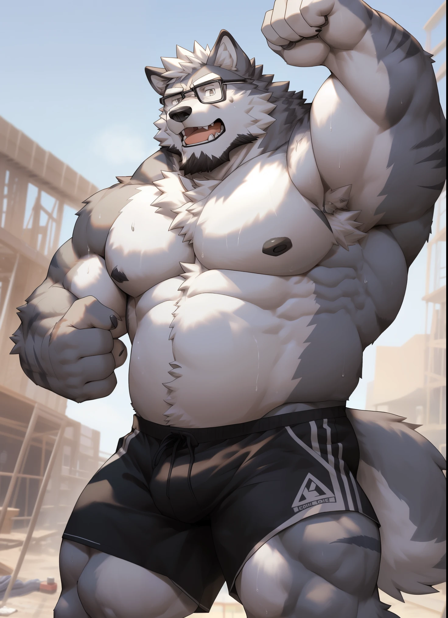 hairy，（（Wolf，Shirtless，construction shorts，Black-rimmed glasses，white towel）），beard，white fur，male，Common，full body picture（（极其lifelike阴影，masterpiece，Very detailed，lifelike））， （（Cat）），dynamic poses，Construction site，Show arm muscles，Wipe your sweat with a towel（（极其lifelike背景，masterpiece，Very detailed，lifelike））detailed background，dad body