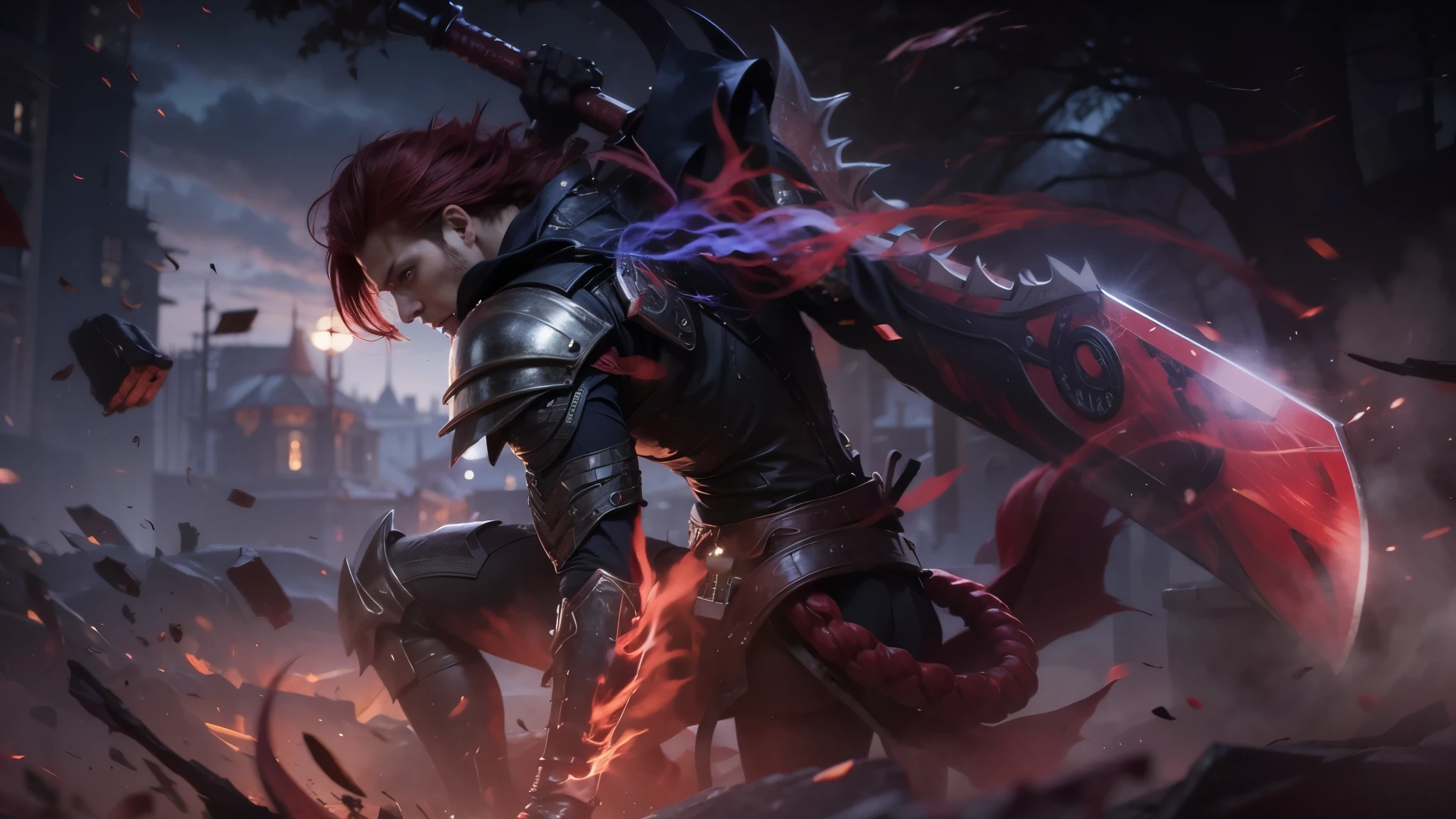 A man with red hair, A man wearing demon costume ninja armor, Ultra Realistic, Ultra Detailing, Ultra Hd, Hyper Realistic, 8k di 4k ultra hd.