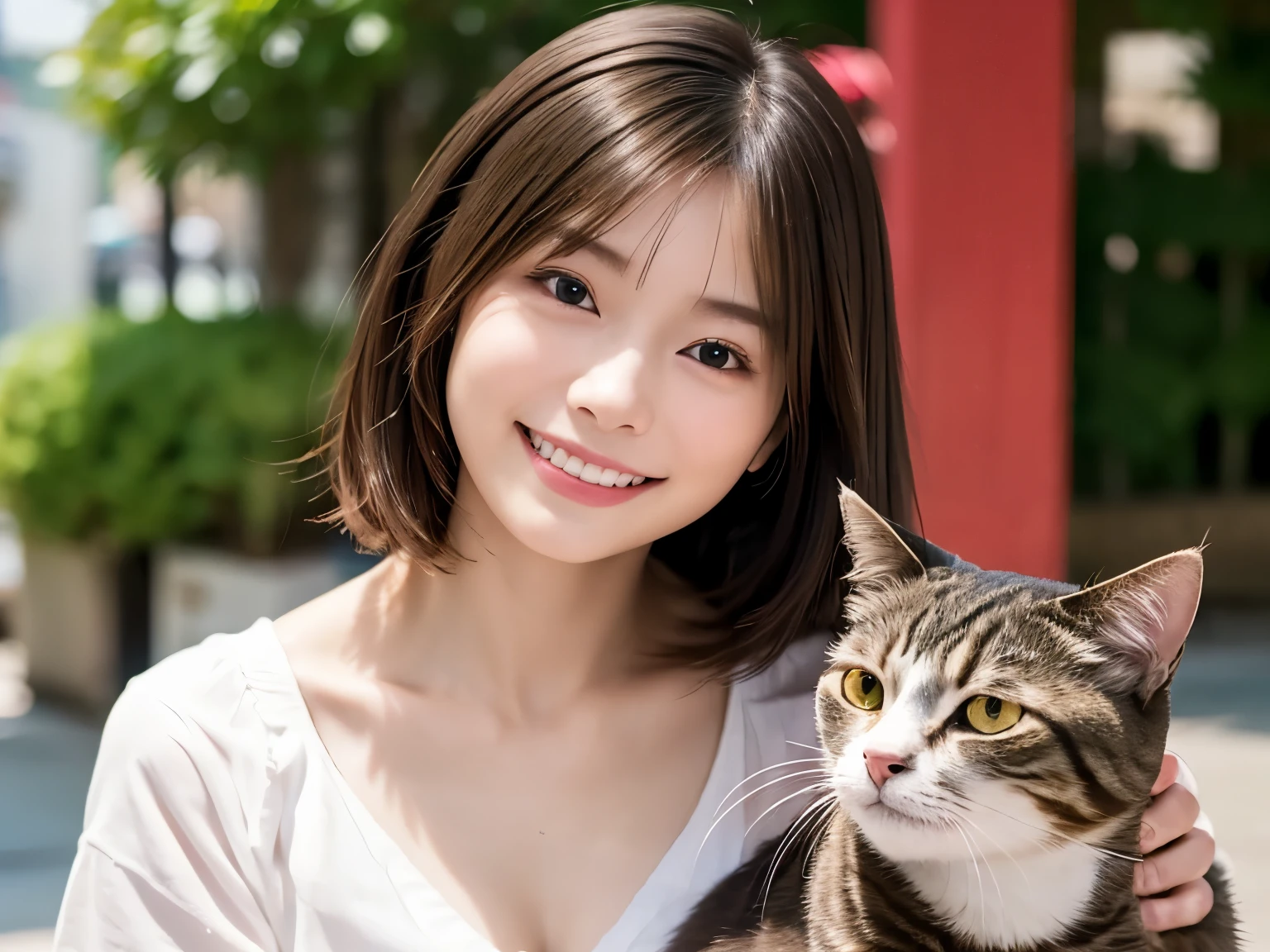 A face like Suzu Hirose、looking at the viewer、smiling、16 year old girl、chest bulge、bob hairstyle、Highest image quality、8k、There is a cat、