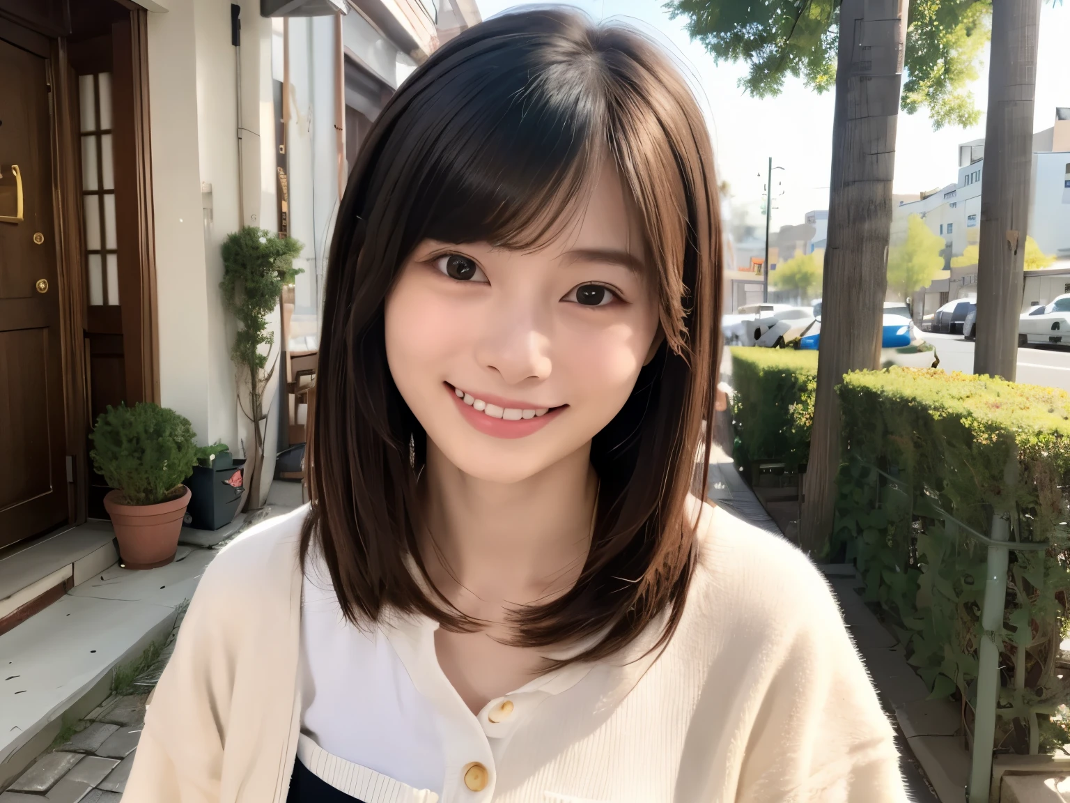 A face like Suzu Hirose、looking at the viewer、smiling、 girl、chest bulge、bob hairstyle、Highest image quality、8k、There is a cat、