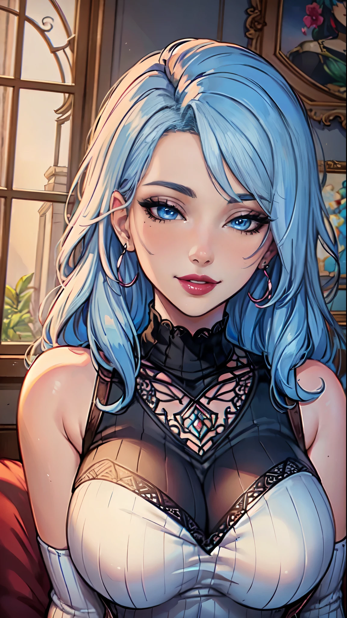 Masterpiece, raw,  beautiful art, professional artist, 8k, art style by sciamano240, very detailed face, very detailed hair, 1girl, perfectly drawn body, beautiful face, long hair, light blue hair , very detailed blue eyes, pouty lips , rosey cheeks, intricate details in eyes, grin, looking directlt at viewer , wearing bra and panties, in love with viewer expression, wedding ring , lipstick, hotel setting, very close up on face, laying in bed, wearing a black chocker, 