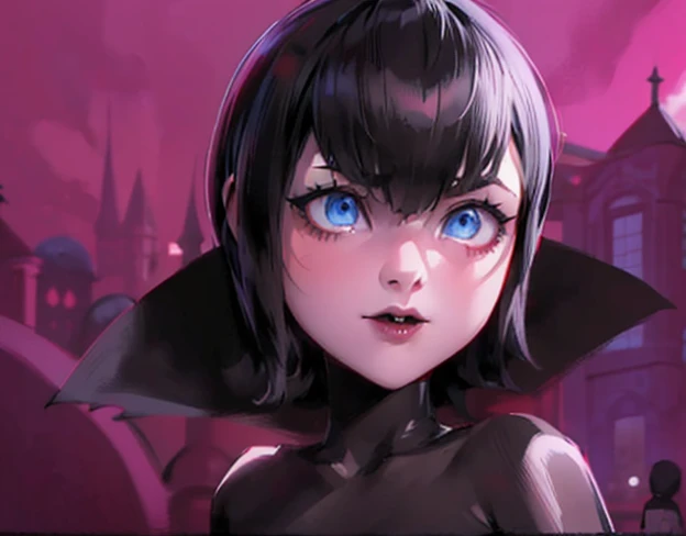 ultra hd image Mavis, blue eyes, black short hair, black vampire cloak, black lips, black shirt, Hotel Transylvania character, Animation female character, Gothic appearance style, illustration, concept art, ultra hd texture, best quality, animated in ghibli style