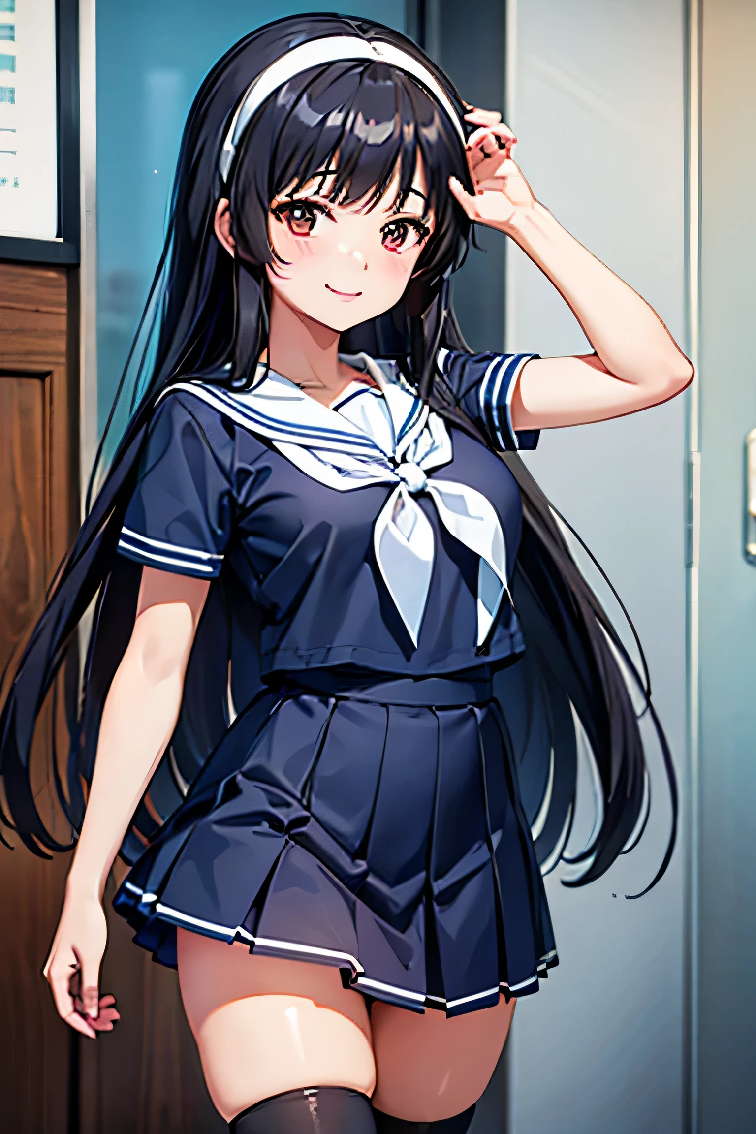 High school girl in sailor suit, anime 2d rendering, white headband, smile, black hair, straight hair, navy blue sailor uniform, black stockings,