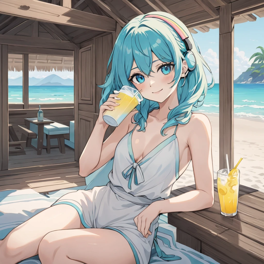 A young woman with tied-up colored Blue cyan aqua hair and eyes resembling a rainbow, listening to calm music on headphones, with a sexy smile, holding a cold drink, dressed in tropical light clothing, in a chalet at a beach. An image that inspires calmness, tranquility, lightness, simplicity, and comfort.