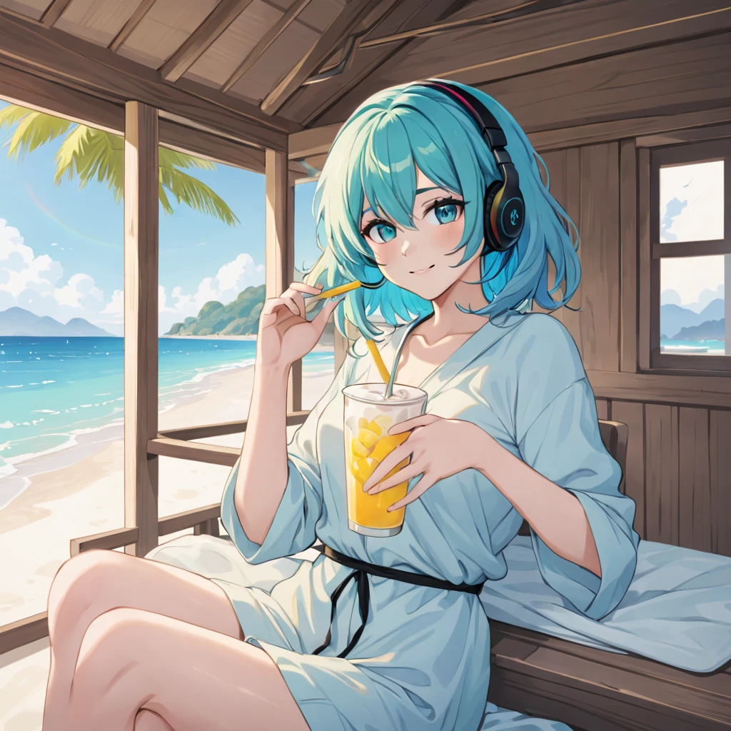 A young woman with tied-up colored Blue cyan aqua hair and eyes resembling a rainbow, listening to calm music on headphones, with a sexy smile, holding a cold drink, dressed in tropical light clothing, in a chalet at a beach. An image that inspires calmness, tranquility, lightness, simplicity, and comfort.