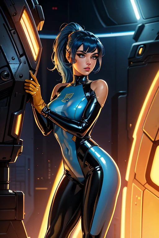 Best quality, 8K, woman retro super hero futurism, beautiful and detailed face, big eyelashes,LOOKING TO observer, ponytail,BLUE hair, long eyelashes, ORANGE TRANSPARENT NYLON leotard, cleavage, GOLD metalic details, DARK TAN pantyhose, sheer TAN gloves,sci-fi RETRO SPACESHIP scenario