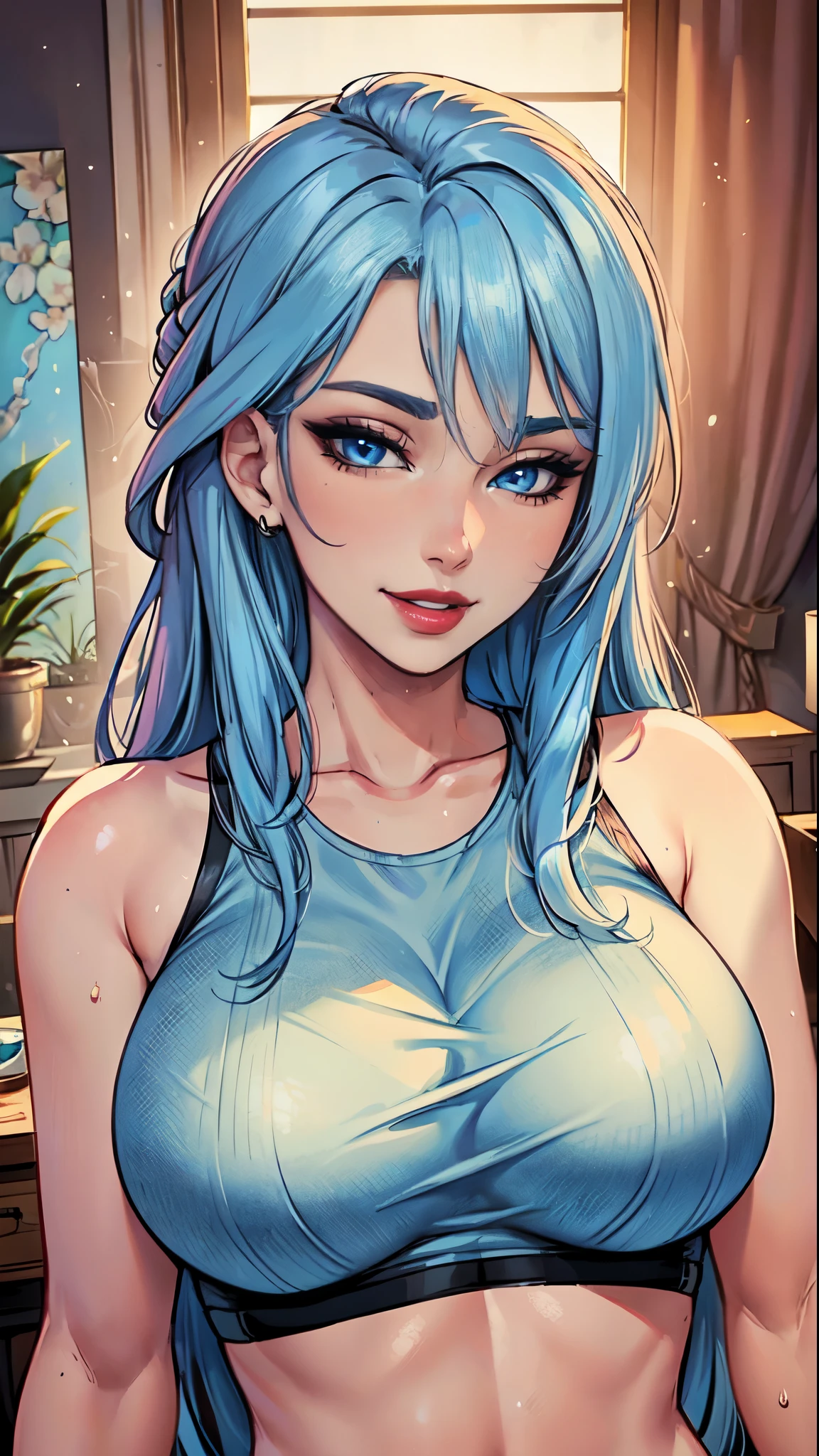 Nsfw,Masterpiece, raw,  beautiful art, professional artist, 8k, art style by sciamano240, very detailed face, very detailed hair, 1 woman, perfectly drawn body, beautiful face, long hair, light blue hair , very detailed blue eyes , rosey cheeks, intricate details in eyes, sultry smile, looking directly at viewer , lusty expression, lipstick, nude,  very close up on face, 