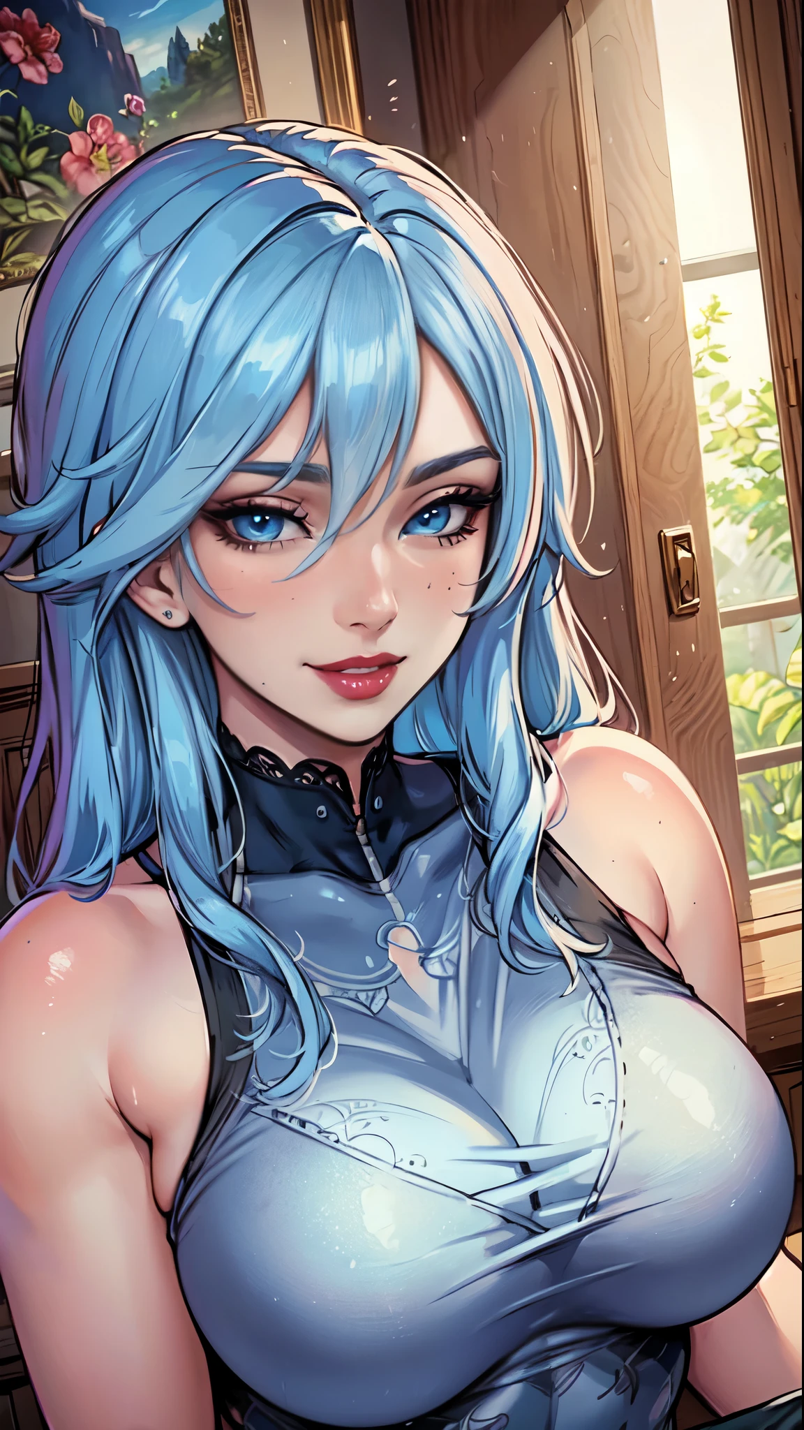 Masterpiece, raw,  beautiful art, professional artist, 8k, art style by sciamano240, very detailed face, very detailed hair, perfectly drawn body, beautiful face, long light blue hair , hair tide up, very detailed blue eyes , rosey cheeks, intricate details in eyes, joyful smile , relaxed expression, lipstick, very close up on face, warm light, evening, kitchen setting, on the cover of a fashion magazine, modeling shot, see through tank top, elbow gloves,