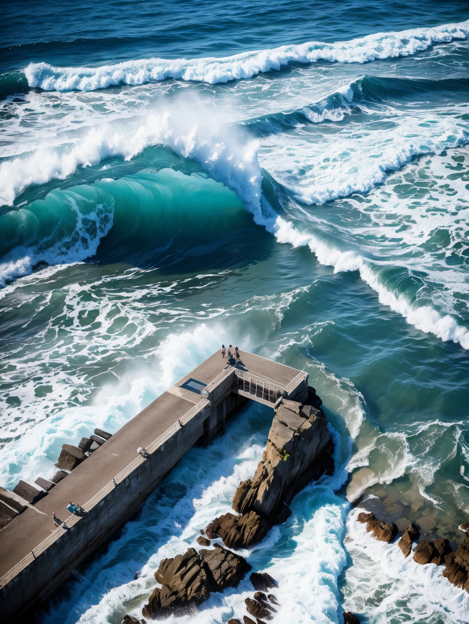 An aerial photograph of ocean waves crashing dramatically into a rock jetty. The sky is very clear and the sun shines with blues and greens in the picture. Very high detailed and photorrealistic. Hyperrealistic and life like. 8K, Photography, shot with a Canon EOS 5D Mark IV and 24-70mm f/2.8L II USM lens