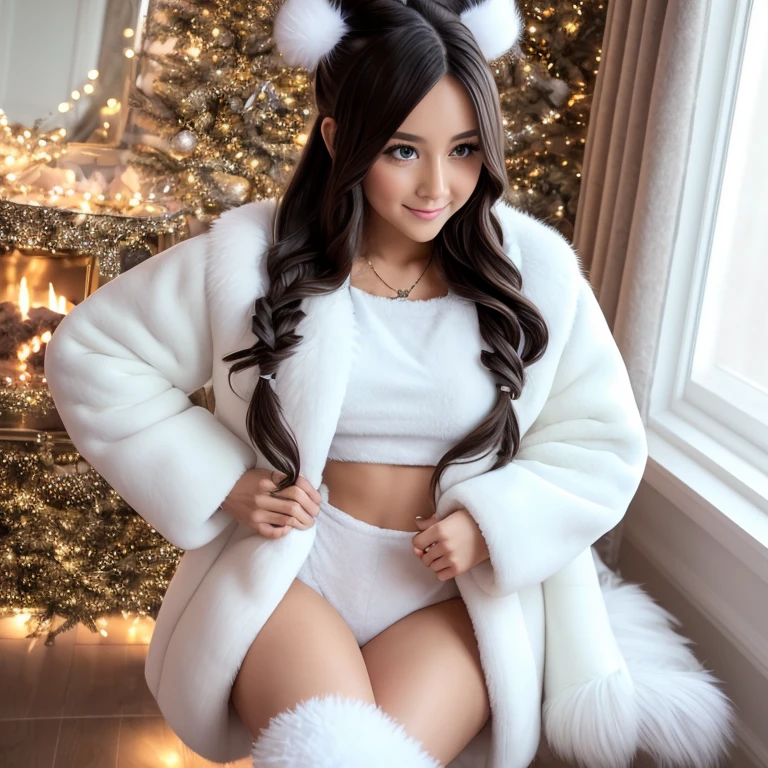 a cute woman, Ariana Grande (age 25), airy sheer hip length fully open night gown (not tied) (midriff and genitals exposed), no underwear, kneeling on a fur rug, near fireplace, Christmas decorations, petting a bunny, flirtatious, ultra-detailed, 8k, highres, masterpiece, realistic, photorealistic, photo-realistic, HDR, UHD, studio lighting, ultra-fine painting, sharp focus, physically-based rendering, extreme detail description, professional, vivid colors, bokeh, portraits, chiaroscuro lighting, warm color tones
