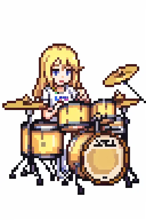 1 girl, blonde,Pixel World, No background、Drumming、wear sneakers