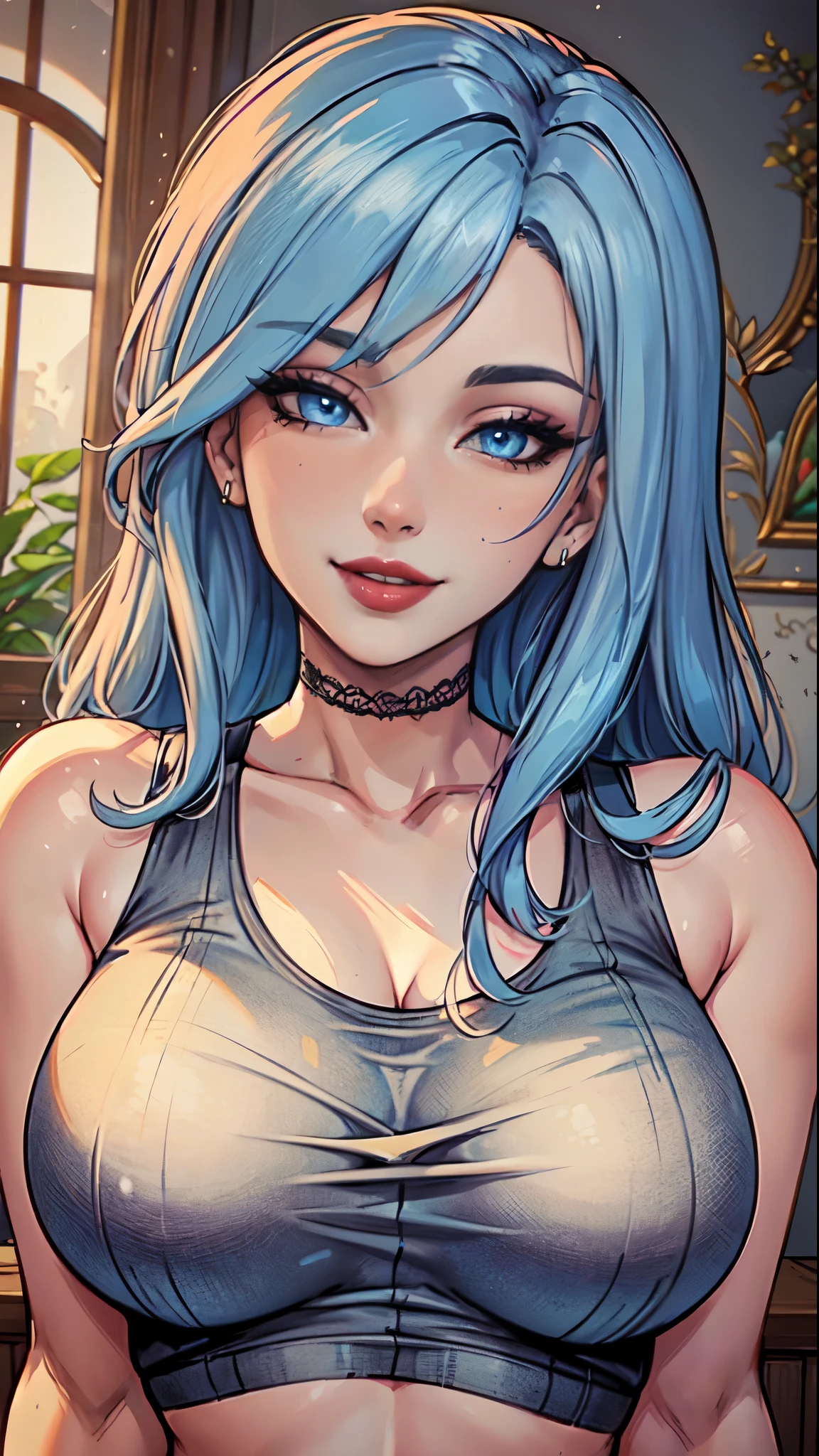 Masterpiece, raw, beautiful art, professional artist, 8k, art style by sciamano240, very detailed face, very detailed hair, 1girl, caressing each other, perfectly drawn body, beautiful face, long light blue hair , very detailed blue eyes , rosey cheeks, intricate details in eyes, sultry smile, looking directly at viewer , lusty expression, lipstick, very close up on face, wearing tight tank top, modern home setting,