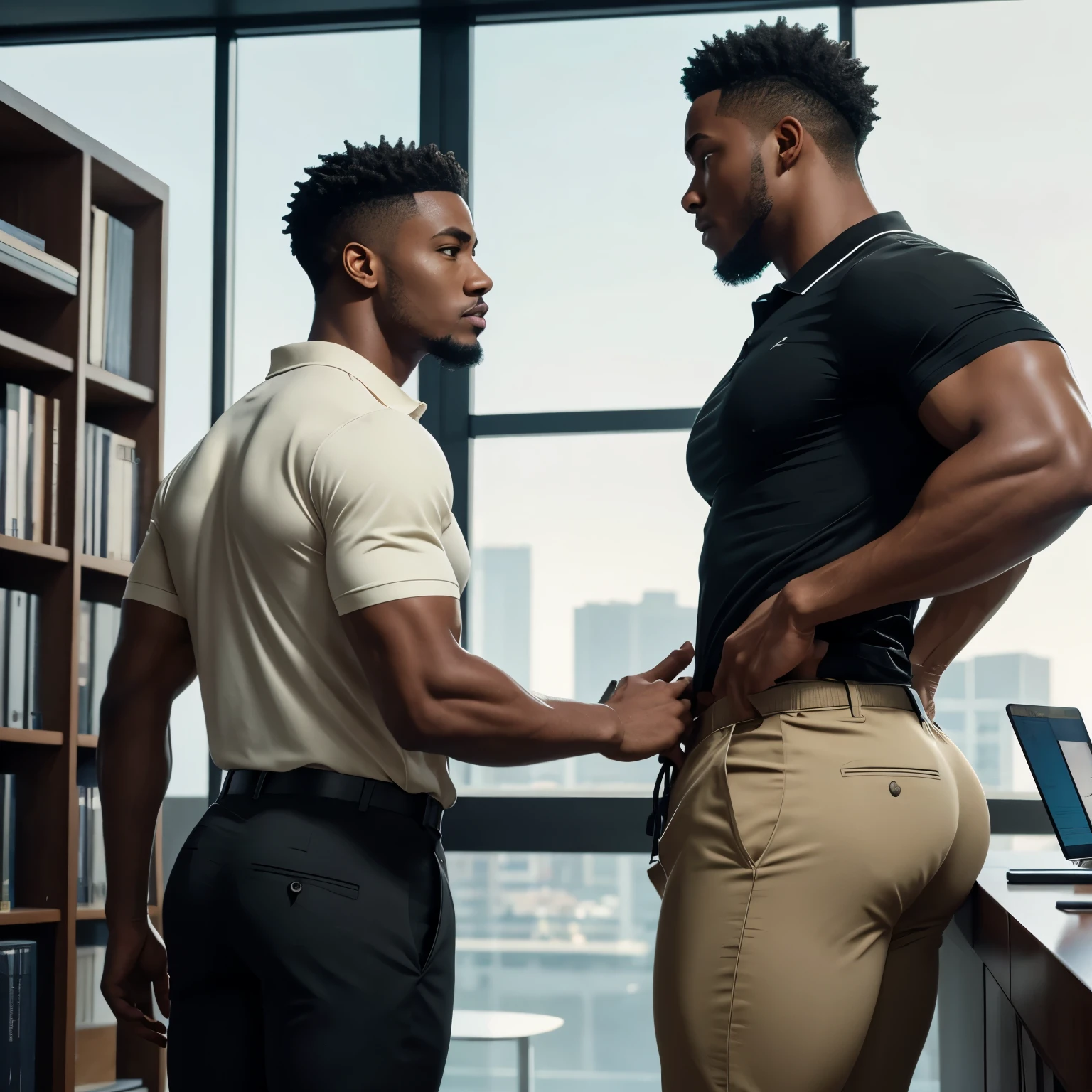 handsome biracial black jock talking to skinny nerdy nerdy skinny black guy in library, high detail, business casual attire, 8k, mystical, magical, ultra hd, realistic, vivid colors, highly detailed, UHD drawing, pen and ink, perfect composition, beautifully detailed intricate insanely detailed octane rendering trending on artstation, 8k artistic photography, photorealistic concept art, soft natural volumetric cinematic perfect light, huge manly bubble butt, muscle butt in khaki pants, highly detailed and perfect face, polo shirt