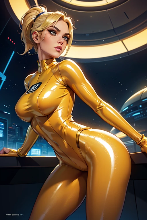 Best quality, 8K, woman retro super hero futurism, beautiful and detailed face, big eyelashes,LOOKING TO observer, ponytail,BLONDE hair, TRANSPARENT LATEX BEIGE CATSUIT, GOLD metalic details, TAN pantyhose, sheer TAN gloves,sci-fi RETRO SPACESHIP scenario