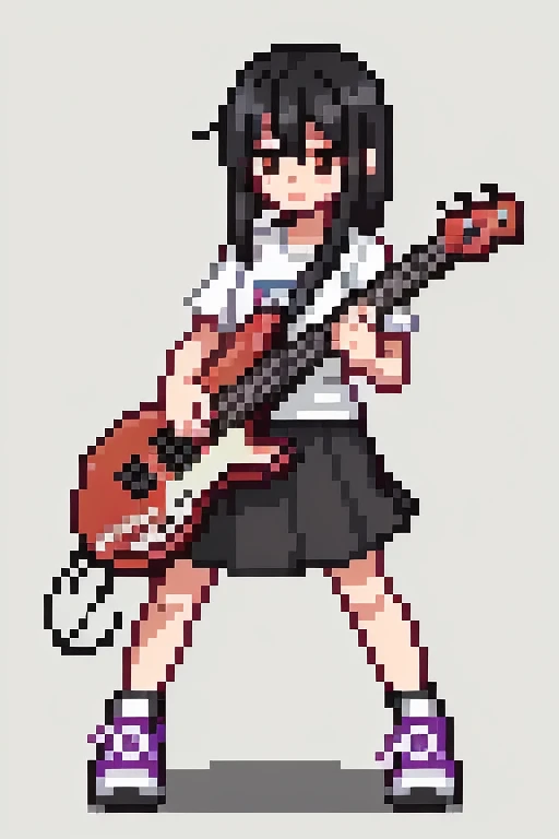 1 girl, black hair,whole body, Pixel World, No background、play a brown electric bass、wear sneakers